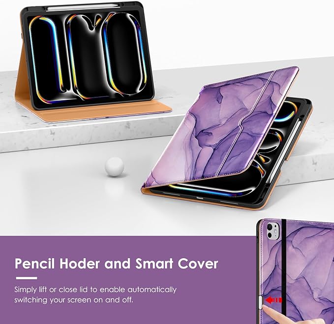 VIKESI Case for iPad Pro 13-inch M5 or M4 Released in 2025 or 2024 Leather Stand Cover with Apple Pencil Holder Auto Wake/Sleep Multiple Viewing Angles Built in Hand Strap &amp PocketPurple Marb