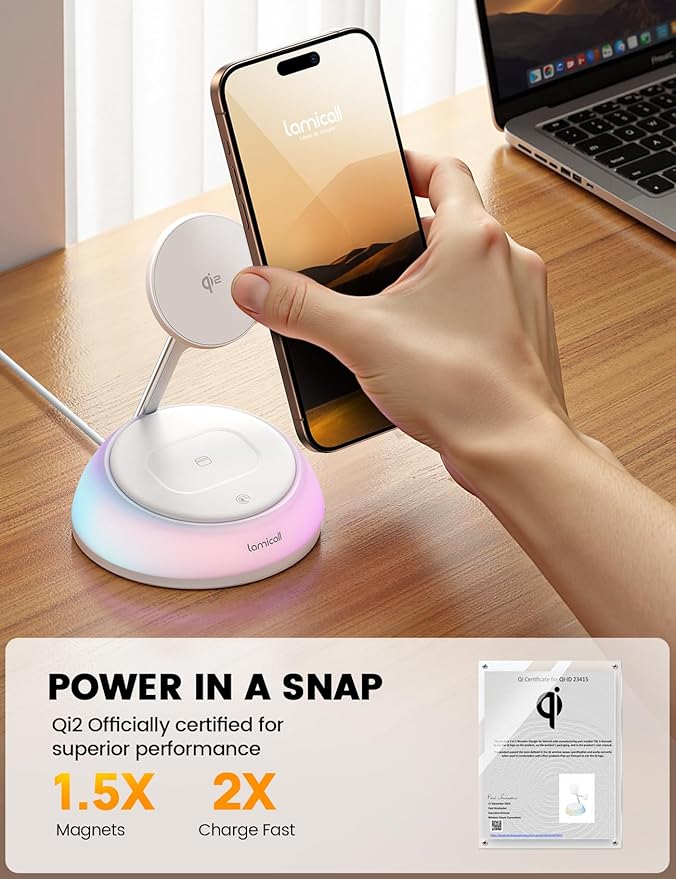 Lamicall 4-in-1 Qi2 Certified Wireless Charging Station for Magsafe [LED Night Light] 15W Fast Magnetic Charger Stand Gifts Compatible for iPhone 17 16 15 14 13 Series Watch Air pods 30W Adapter