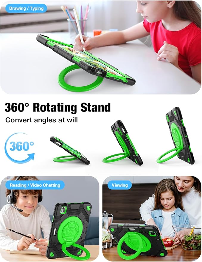 SCSVPN Kids Case for iPad Air 5th/4th Generation 10.9-inch 2022/2020 iPad Pro 11'' 4th/3rd/2nd/1st Gen 2022 2021 2020 2018 Protection Case with Pen Holder Stand Handle Shoulder Strap Black Green