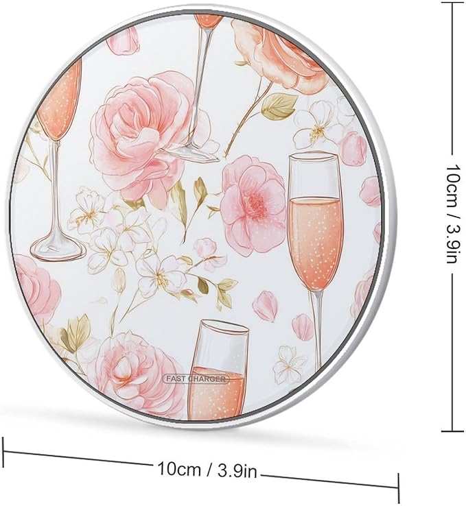 Rose Champagne Glasses Fast Portable Charger 10W Funny Graphic Phone Charging Pad with USB Cable