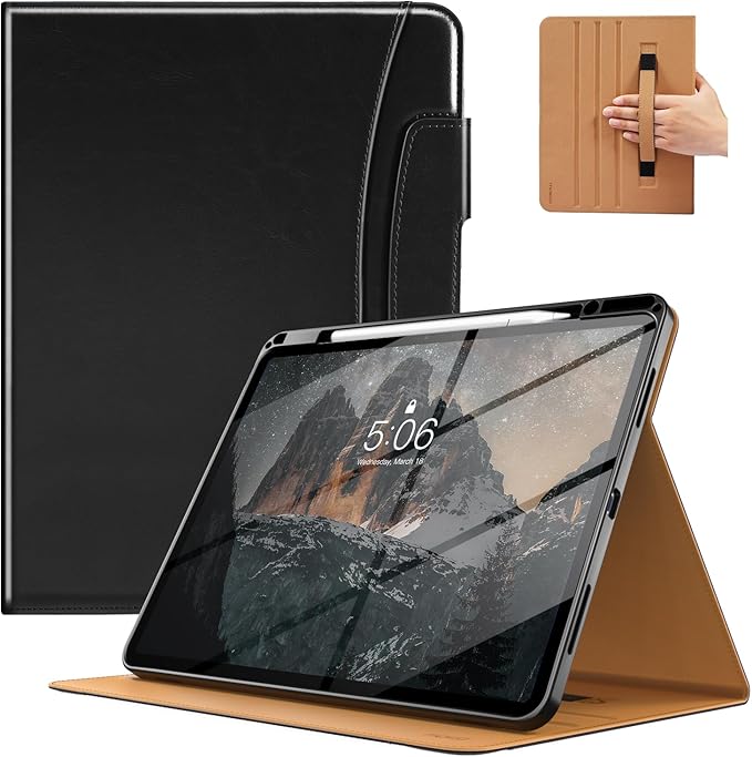 MoKo Case for iPad Air 13-inch (M4) 2026 / (M3) 2025 / (M2) 2024 with Pencil Holder &amp Hand Strap &amp Pocket Premium Leather Folio Stand Cover Multiple Viewing Angles Black