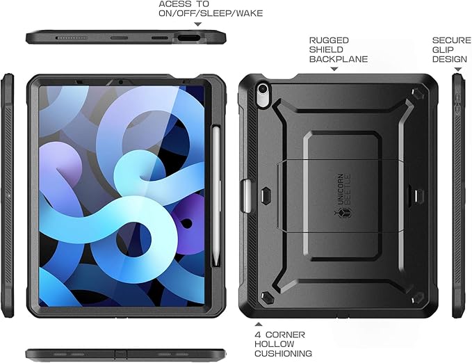 SUPCASE for iPad Air 5th Generation Case / iPad Air 4th Generation Case with Pencil Holder (Unicorn Beetle Pro) [Built-in Screen Protector &amp Stand] Rugged Case for iPad Air 5/4 10.9 Inch Black