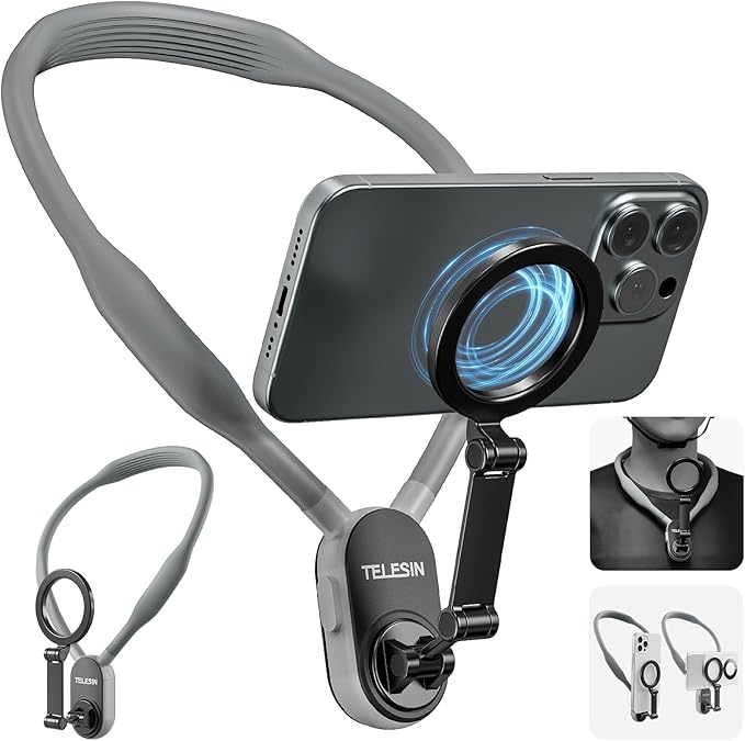 TELESIN° Magnetic Neck Cell Phone Holder POV/Vlog Recording Necklace Lanyard Selfie Hand Free Neck Phone Mount Stand for iPhone 15 14 13 12 Pro Mini/Plus/Pro/Pro Max and Samsung Android Smartphone