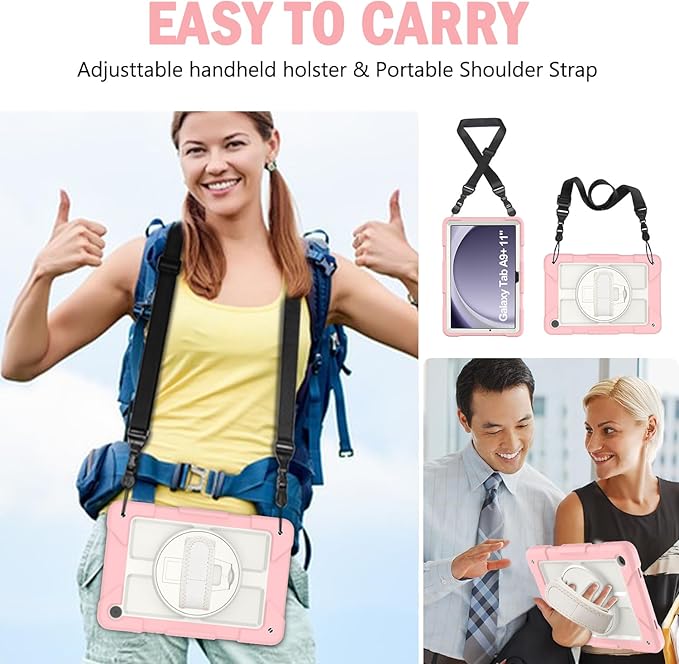 BMOUO for Samsung Galaxy Tab A9+/A9 Plus Case 11 2023 (SM-X210/X216/X218) Shockproof Galaxy Tab A9 Plus Case with Rotating Stand and Hand/Shoulder Strap Pink