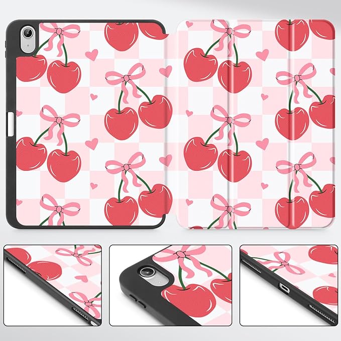 Mektron Case for iPad Air 11 inch (M4 2026 8th /M3 2025 7th /M2 2024 6th) Compatible with iPad Air 10.9 (2022 5th Gen /2020 4th Gen) Tablet Cover Buit in Pencil Holder Cherries Bows C353