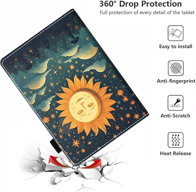 Case for All-New Amazon Kindle Fire HD 10 &amp 10 Plus Tablet 10.1 (13th/11th Generation 2023/2021 Release) PU Leather Folio Case with Smart Auto Wake/Sleep Celestial Theme Sun and Stars