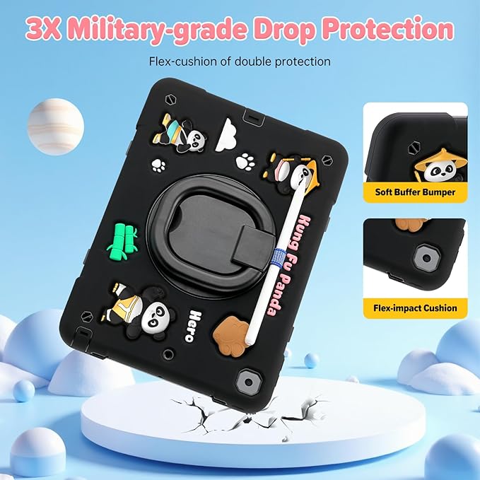 Case for iPad 9th/8th/7th Generation iPad 10.2 Inch 2021/2020/2019 Funny Cartoon Silicone 3D Panda Design Kids Case Heavy Duty Protection with Stand/Pencil Holder/Shoulder Strap