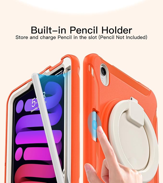 BATYUE Shockproof Case for iPad mini 7 (A17 Pro)/ Mini 6 8.3 inch (2024/2021) - 360° Multi-Angle Stand (Portrait &amp Landscape) &amp Grip Built-in Pencil Holder Coral Orange