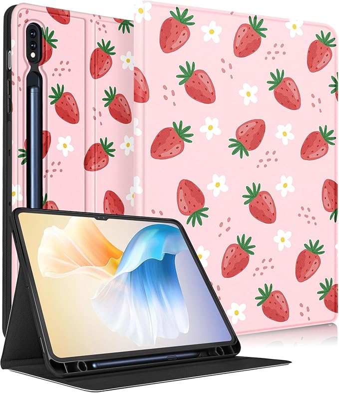 for Samsung Galaxy Tab S9 Plus/S9 FE Plus Case 12.4 Inch 2023 for Women Girls Folio Cover with Pencil Holder Cute Pretty Design Girly Kawaii Strawberry Teens Tablet Cases for Tab S9+/S9 FE+