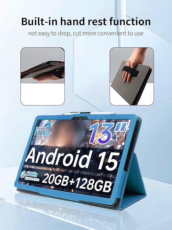 Case for Teclast T65 Tablet 13.4 inch Android 15 TabletsUYRUREL Leather Slim Folding Stand Cover with Hand Strap Magnet for Men Women Full ProtectionSkyBlue.