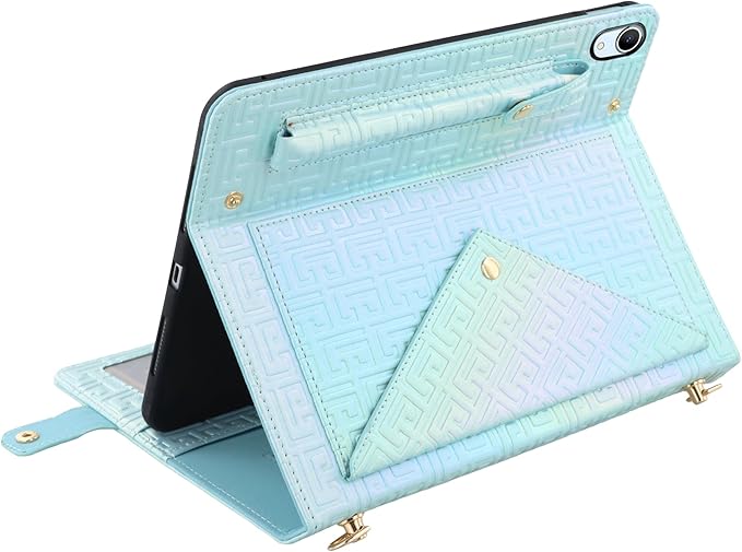 Shiny Case for iPad (A16) 2025 11/iPad 10th Generation Handbag with Hand Strap Techcircle Crossbody Iridescent Folio Stand Wallet Case with Pencil Holder+Card Slots+Shoulder Strap Shiny Blue
