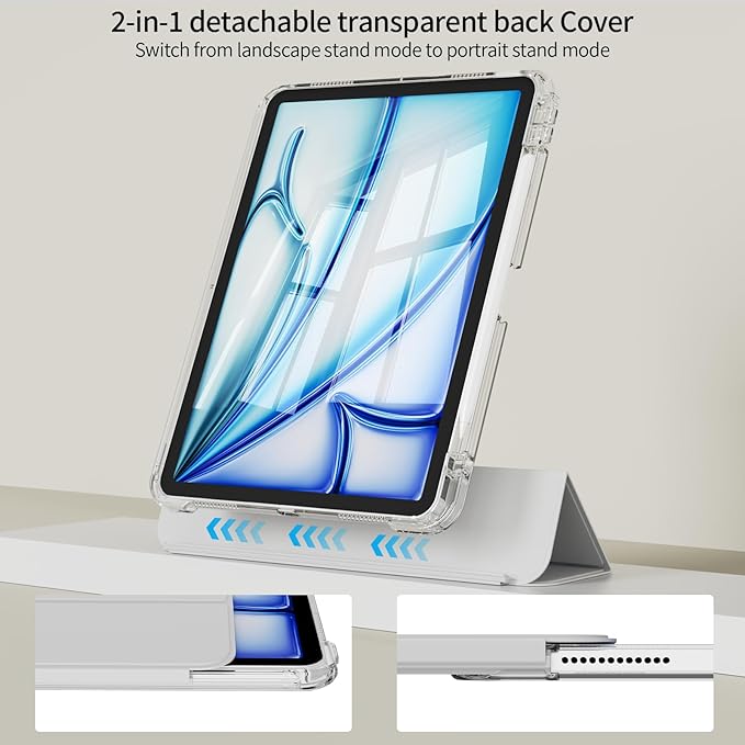 Case for iPad Air 11 inch M4/M3/M2 (2026/2025/2024) &amp iPad Air 5/4th Generation (2022/2020) 10.9 inch 2-in-1 Removable Hard PC Transparent Back with Pencil Holder Auto Sleep/WakeGray