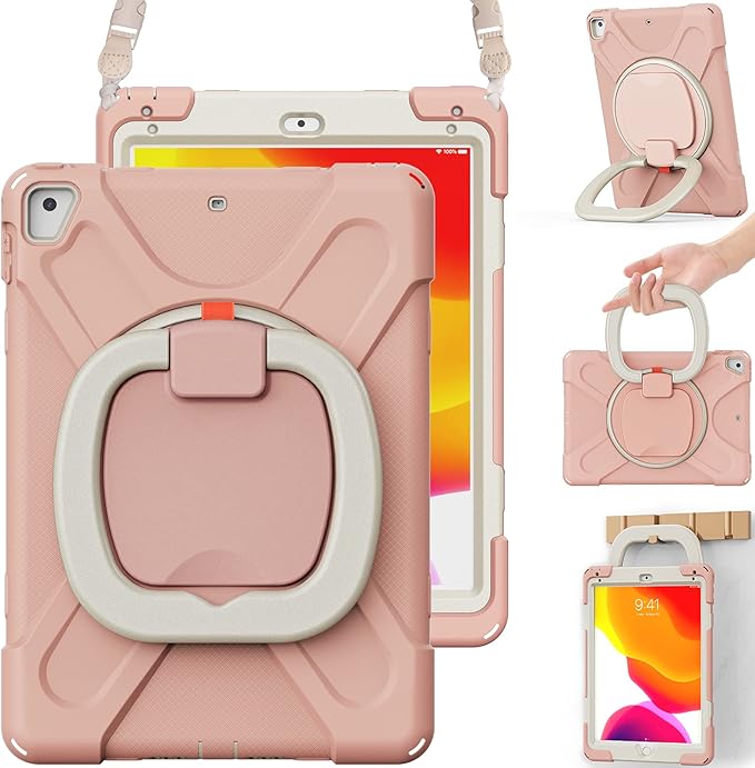 BRAECN Kids iPad Case Rugged Silicone Cover with Hand Grip Pencil Holder Shoulder Strap Stable Kickstand for iPad 9.7 inch 2018/2017/2016/2014 Rose Gold