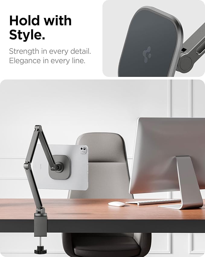 Spigen OneTap Clamp Tablet Stand Designed for All iPad/Pro/Air/Mini Models Compatible with 8.3 / 10.9 / Pro 11 / 12.9 / 13 Premium Adjustable Multi-Angle Magnetic Stand - Space Gray