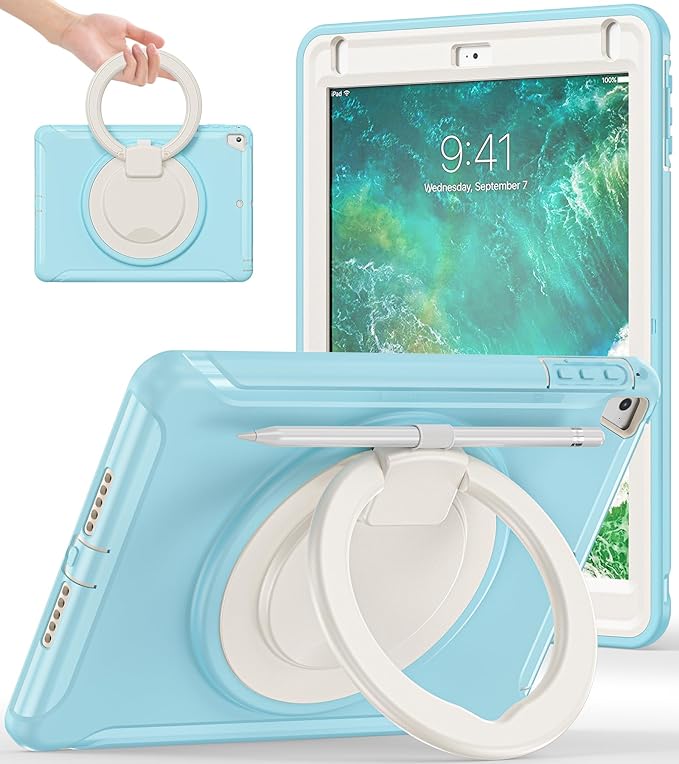 BATYUE Case for iPad 6th Generation 9.7 inch 2018 iPad 5th Gen 2017 iPad Air 2/ iPad Pro 9.7''Shockproof Protective Cover with Pencil Holder &ampRotating Kickstandfor KidsBoysGirls (Frozen Blue