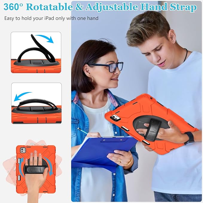 Case for iPad Pro 13 Inch M5 2025/ M4 2024: Military Grade Cover for iPad Pro 13 with Screen Protector - Stand - Handle - Shoulder Strap - Pencil Holder- Orange