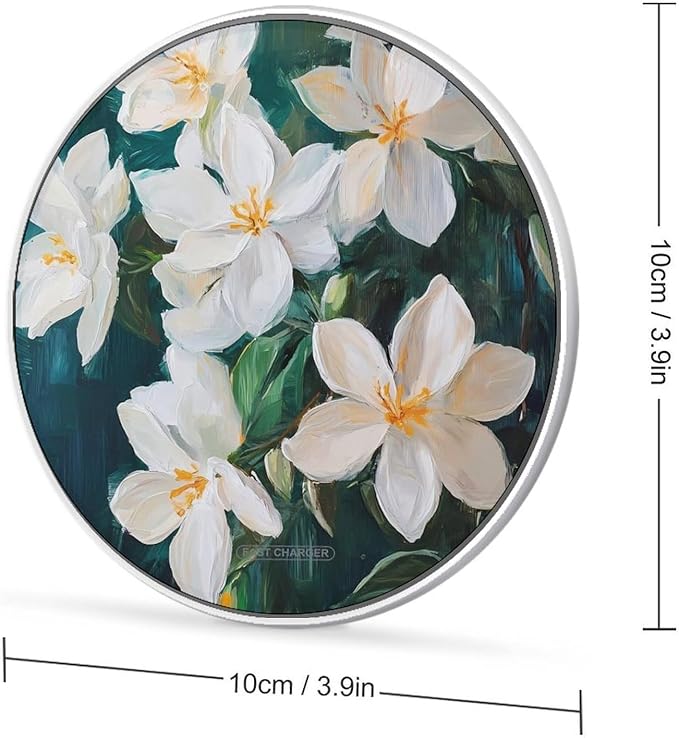 White Jasmine Flowers Phone Charger Magnetic Charging Pad Anti-Slip with USB Cable