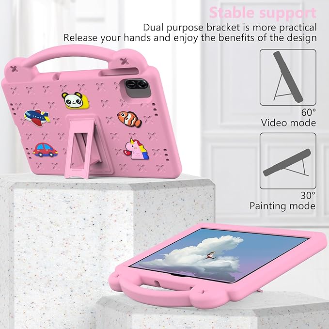 Compatible with Honor Pad X8a 2024/Infinix Xpad 11 inch 2024 Tablet Case Kids Friendly Universal Lightweight Shockproof Protective Case with Shoulder Strap &amp Stand Handle Pink