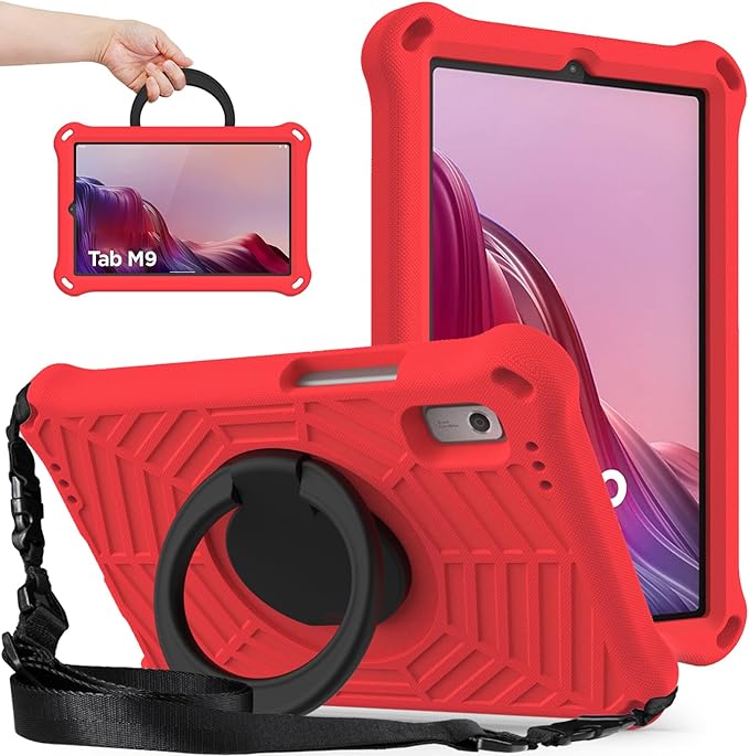 Compatible with Lenovo Tab M9 9.0 inch (TB-310FU) 2023 Case Tablet for Kids Light Weight EVA Rugged Shockproof Full Cover 360 Rotating Handle Stand Case (Red)