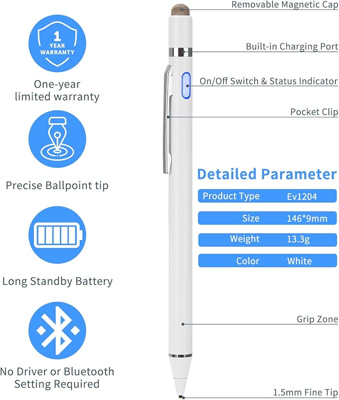 2-in-1 Active Stylus Digital Pen with 1.5mm Ultra Fine Tip for iPad iPhone Samsung Tablets Work on Touchscreen Phones and TabletsGood at Drawing and Writing White