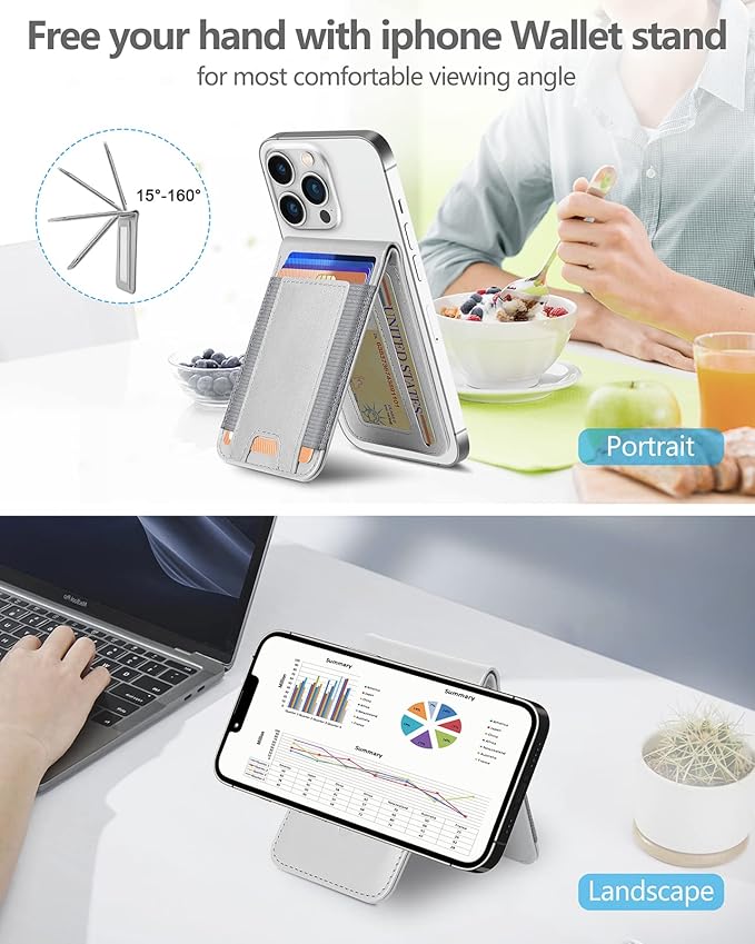 ExtreLife 2-in-1 Magsafe Wallet Adjustable Phone Stand Open ID Window Magnetic Wallet for iPhone 17/16/15/14 Pro Max/14 Pro/14/14 Plus/13/12 Series 9 Cards Holder Vegan Leather Gray