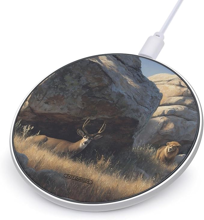 Lions Hunting Deers Behind Boulders Phone Charger Magnetic Charging Pad Anti-Slip with USB Cable
