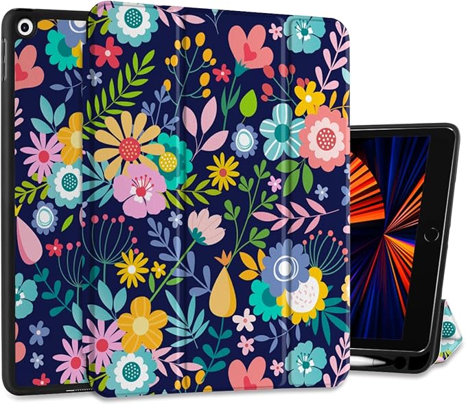 DONGKE Case Compatible with iPad 10.2 Inch 2021 2020 2019 iPad 9th/8th/7th Generation with Pencil Holder Slim Stand Protective Case with Soft TPU Back Auto Sleep/Wake Cover Florals