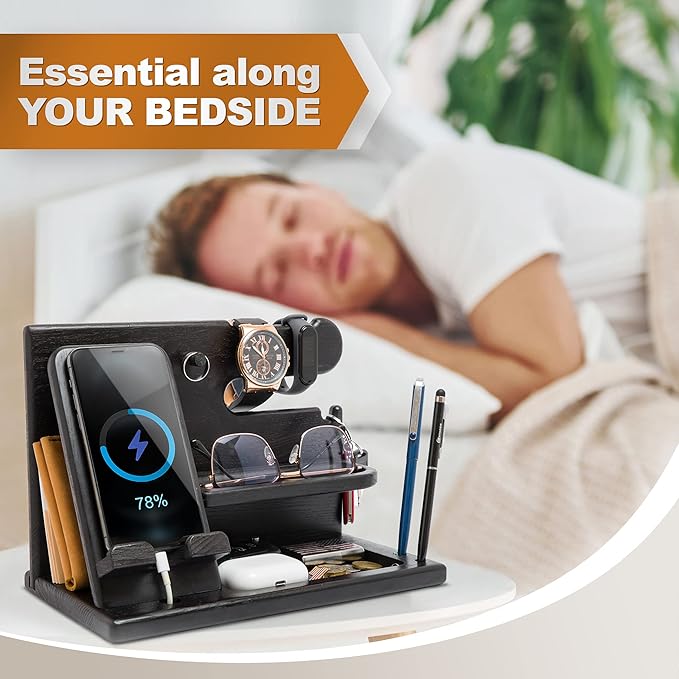 TESLYAR Wood Phone Docking Station for Men - Desk or Nightstand Organizer - Birthday Gifts for Husband Dad - Anniversary Idea from Wife - Key Holder Stand Wallet Watch &amp Essentials (Granite Bla