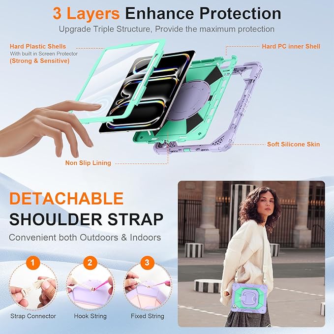Case for iPad Pro 13 Inch M5 2025 / M4 2024 Auorld for iPad Pro 13 Inch M5 2025 with Screen Protector 360 Degree Rotating Stand Shoulder Strap Pencil Holder Purple Mint