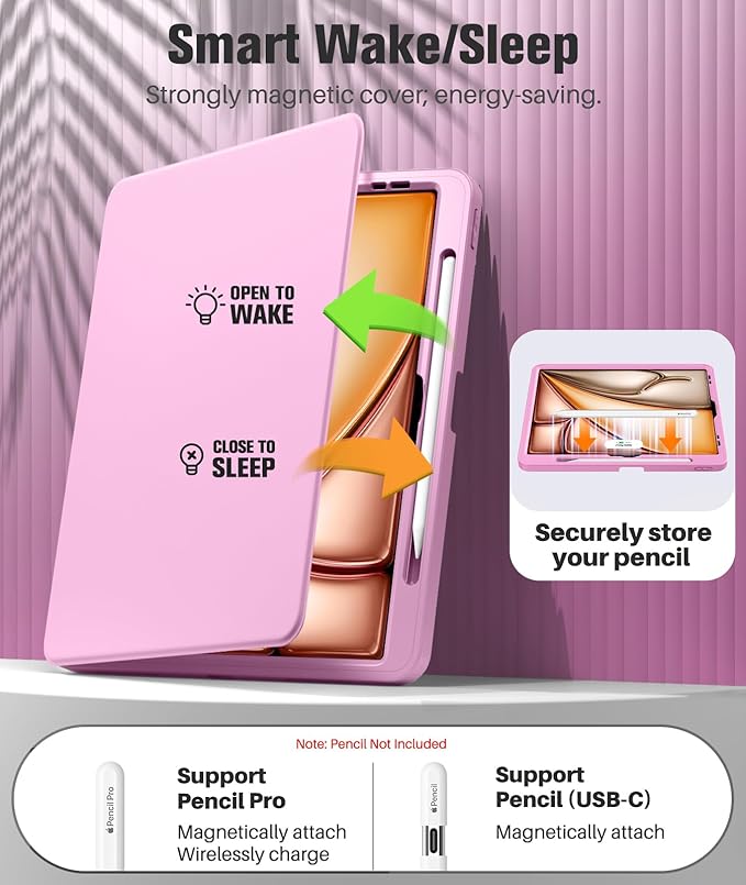 MoKo for iPad Air 13-Inch Case (M4/M3/M2) 2026/2025/2024 with Pencil Holder Heavy Duty 13 Inch iPad Air Case with Screen Protector Clear Back Lens Protector Multi-angle Magnetic StandNosegay Pink