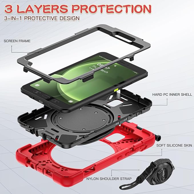 Rugged Case for Samsung Galaxy Tab Active5 5G (SM-X306B/X300) w/ 360° Rotating Hanging Ring Handle Grip Kickstand Heavy Duty Shock-Proof Armor Cover w/Shoulder Strap Stylus Holder (Red)