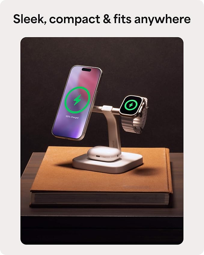 Mophie Wireless Charging Stand - Qi2-Certified MagSafe Charger for iPhone – Magnetic Fast Wireless Charger with Adjustable Phone Stand &amp Cable Management – Up to 15W Power