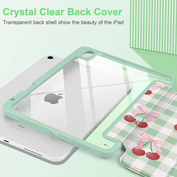 DONGKE Case for iPad (A16) 11th Generation 11 inch 2025 &amp iPad 10th Gen 10.9 inch 2022 [Built-in Pencil Holder] Clear Acrylic Back Trifold Stand Smart Cover Auto Sleep/Wake Green Cherry