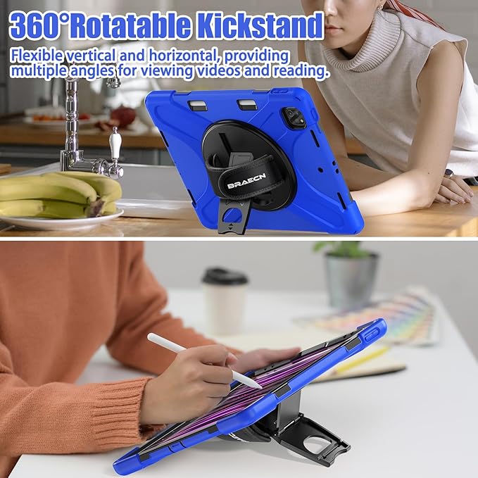 BRAECNstock Case for Apple iPad Air 13 inch (M4/M3/M2)/ iPad Pro 12.9 inch 6th/5th/4th/3rd Gen Shockproof Protective Kids Case with Pencil Holder 360° Rotating Stand&ampHand Strap Shoulder Strap