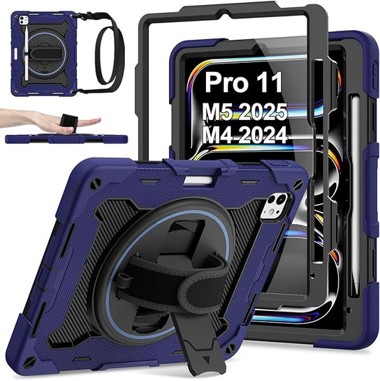 iPad Pro 11 Inch Case M5 2025/M4 2024 Heavy Duty Shockproof Protective Case with Screen Protector 360° Rotating Stand Hand Strap Shoulder Strap Kids Cover Apple Pencil Holder