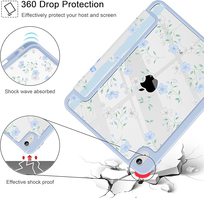 May Chen Case for iPad Air 13 Inch M4 2026 M3 2025 M2 2024 [Built-in Pencil Holder] Shockproof Cover with Clear Transparent Back Shell Auto Sleep/Wake Cover Flower Blue Waves