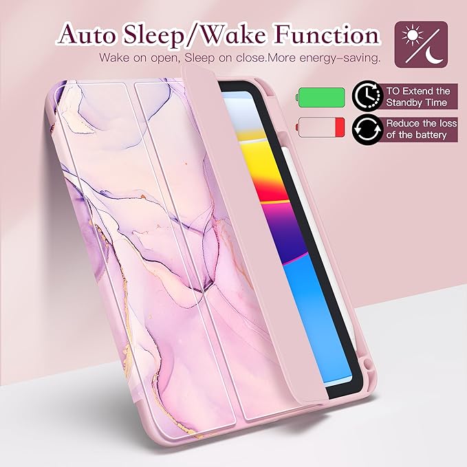 CISSOOK Case for iPad 11 Inch 2025 (A16) / 10.9 inch iPad 10th Generation 2022 with Apple Pencil Holder Auto Wake/Sleep Blush &amp Lavender Marble Shockproof Cover