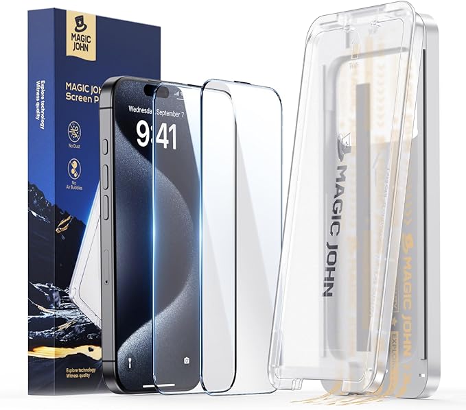 MAGIC JOHN 3rd Gen Upgraded for iPhone 15 Pro Screen Protector 6.1 Inch HD Clear Shatterproof Tempered Film Auto Dust-Elimination Bubble Free Easy Installation 2 Pack