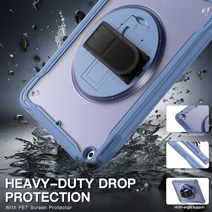 BRAECNstock for iPad 9th/ 8th/ 7th Generation Case 10.2 2021/2020/2019Shockproof Cover with 360° Rotating Hand Strap/StandScreen ProtectorCarrying Shoulder StrapPencil Holder(Lavender Grey)