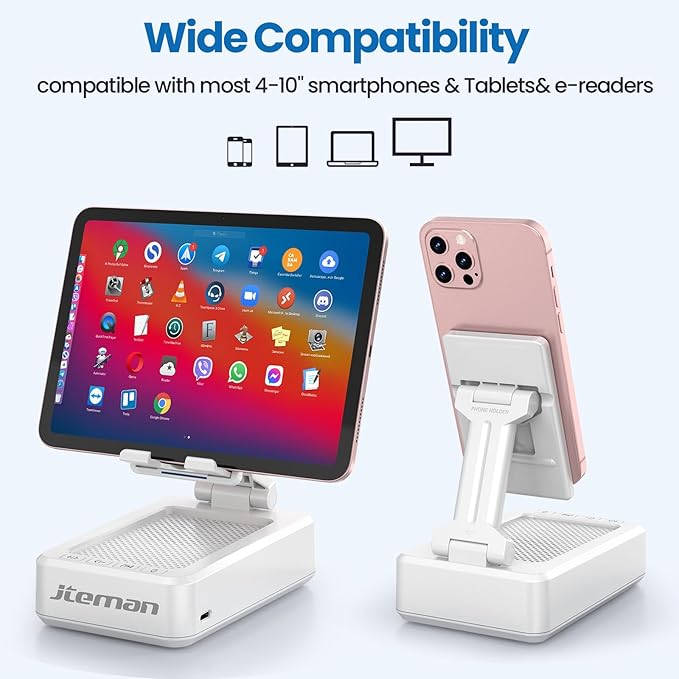 JTEMAN Portable Phone Stand with Speaker Bluetooth WirelessGifts for Men WomenBirthday for WomenKitchen Gadgets for MenPhone Holder for Desk - White