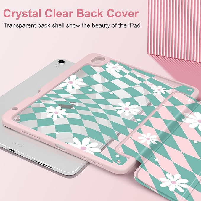 DONGKE Case for iPad Air 11-inch M4 2026 &amp M3 2025 &amp M2 2024 iPad Air 5th/4th Generation 10.9 2022/2020 [Built-in Pencil Holder] Clear Acrylic Back Trifold Stand Smart Cover Checkered &amp