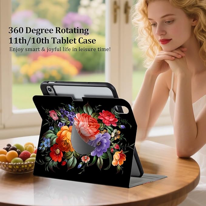 Lokigo Rotating Case for iPad (A16) 11th Generation 11 Inch 2025 iPad 10th Gen 10.9 Inch 2022 Buils with Pencil Holder Support Touch ID 360 Degree Smart Stand Cover Black Colord Flowers