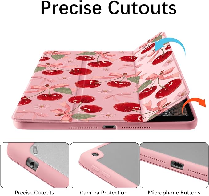Cute Pink Bow Cherry Case for Ipad Air 11 Inch 2024 Cover Kawaii Design Shell Auto Sleep/Wake Anti-Slip Shockproof Cover with Clear Back Shell &amp Pencil Holder(Girl Women)