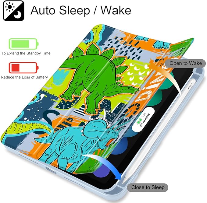 May Chen Slim Case for iPad mini 7 (A17 Pro 7th Generation) 2024 / iPad mini 6 (6th Gen) 8.3 Inch [Built-in Pencil Holder] Shockproof Cover Clear Clear Back Shell Auto Wake/Sleep Dinosaur