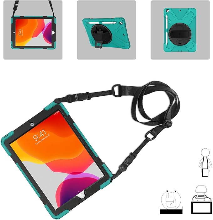 ProCase Rugged Case for iPad 9th/ 8th/ 7th Generation 10.2 (2021/2020/2019) Heavy Duty Shockproof Protective Cover with Strap for iPad 9/8/7 -Teal