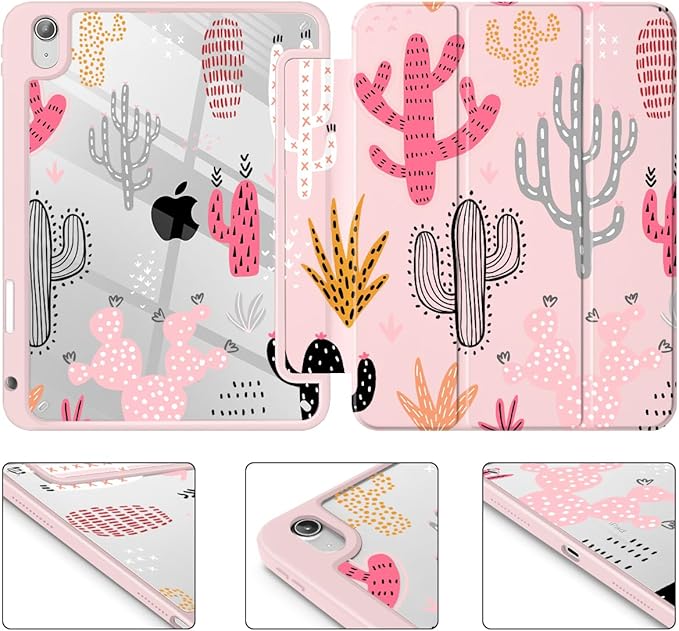 Tuiklol Case for iPad 11 inch (A16 Chip) 2025 Generation 11th / iPad 10.9 inch 2022 10th Gen Buit in Pencil Holder with Shockproof Cover Clear Transparent Back Shell Auto Wake/Sleep Cactus