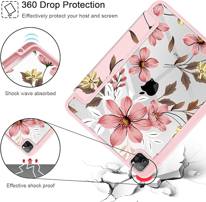 Mektron Case for iPad Pro 11 inch (4th 3rd 2nd &amp 1st Gen) 2022 2021 2020 2018 Buit in Pencil Holder with Shockproof Cover Clear Shell + Trifold Stand + Auto Wake/Sleep Floral C293
