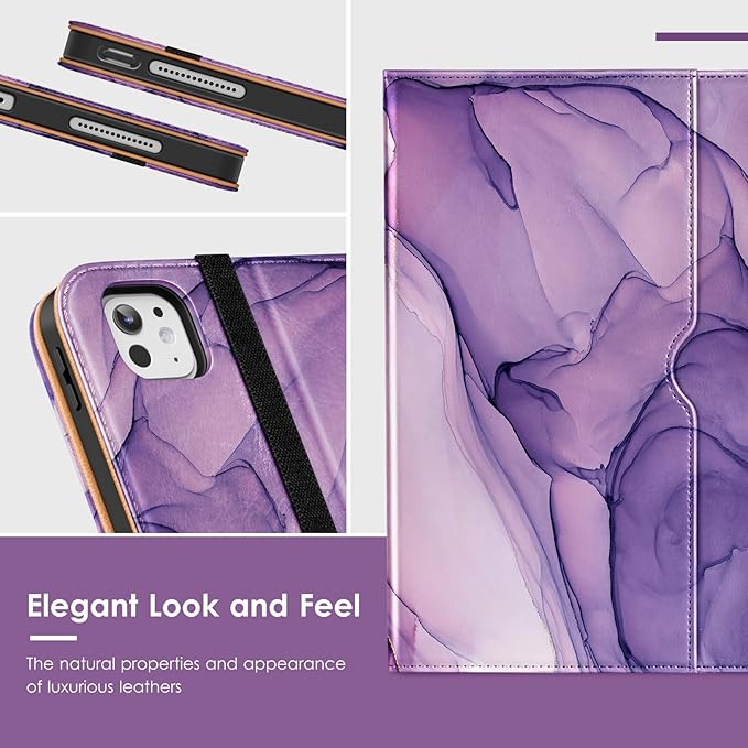 VIKESI Case for iPad Pro 13-inch M5 or M4 Released in 2025 or 2024 Leather Stand Cover with Apple Pencil Holder Auto Wake/Sleep Multiple Viewing Angles Built in Hand Strap &amp PocketPurple Marb
