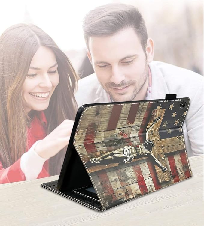 Case for Amazon Kindle Fire 7 Tablet (7 9th/7th Generation 2019/2017 Release) Slim PU Leather Cover with Card Slot &amp Auto Wake/Sleep American Flag Cross Jesus