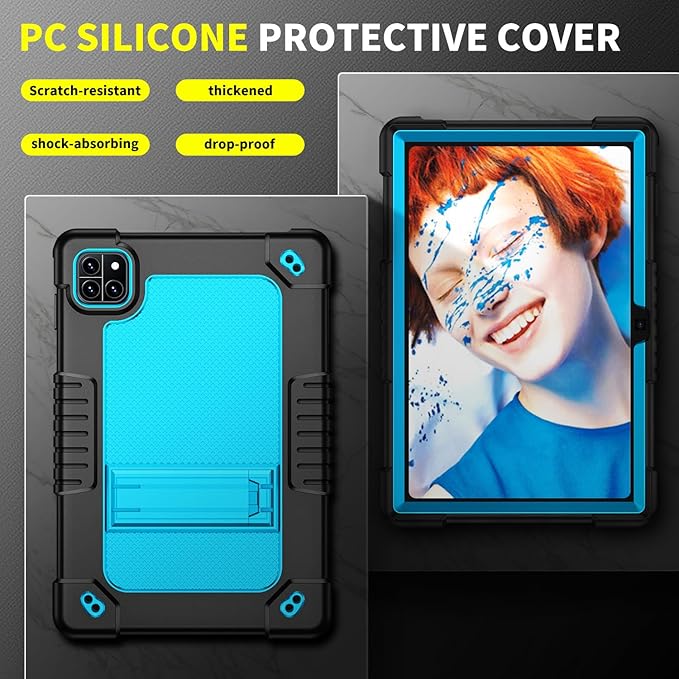 for Callsky-Tab Cpad 10 / Callsky-Tab Ctab 10 10.1 inch Tablet Case Kids Shockproof Cover with Kickstand Shoulder Strap and 2 Pcs Tempered Glass Screen Protector (BlackBlue+2Pcs)